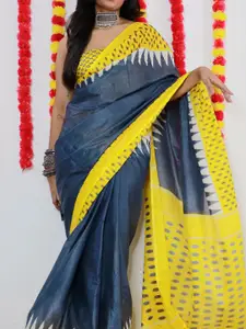 Saree mall Grey & Yellow Pure Cotton Ikat Sarees