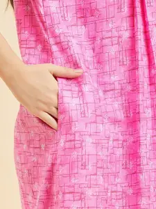 Sweet Dreams Pink Geometric Printed Square Neck Pure Cotton Maxi Nightdress
