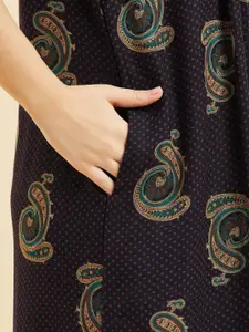 Sweet Dreams Navy Blue Ethnic Motifs Printed Pure Cotton Maxi Nightdress