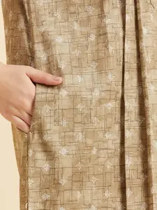 Sweet Dreams Khaki Geometric Printed Square Neck Pure Cotton Maxi Nightdress