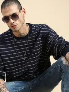 Roadster Striped Round Neck Cotton Pullover Oversized Fit Sweatshirts