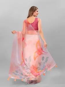 Anouk Peach-Coloured & Coral Floral Printed Organza Saree