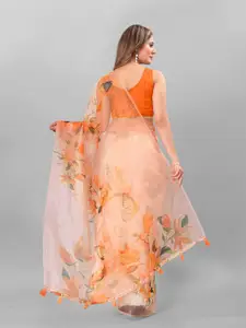Anouk Orange & Coral Floral Printed Organza Tussar Saree