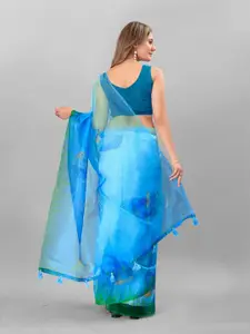 Anouk Blue & Green Ethnic Motifs Organza Tussar Saree