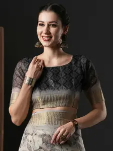 Anouk Grey & White Floral Printed Zari Organza Sungudi Saree