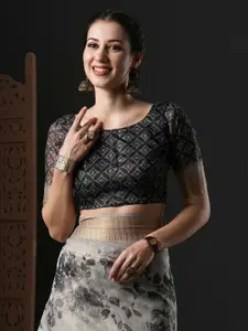 Anouk Grey & White Floral Printed Zari Organza Sungudi Saree