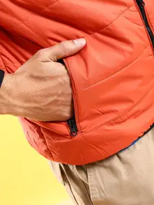 The Indian Garage Co Men Rust Colourblocked Crop Outdoor Padded Jacket