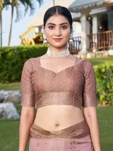 Mitera Peach-Coloured & Green Floral Printed Zari Silk Cotton Banarasi Saree