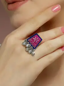 KARATCART Oxidised Silver-Plated Meenakari Oxidised Finger Ring