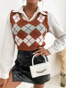 StyleCast Brown Checked Round Neck Sweater Vest