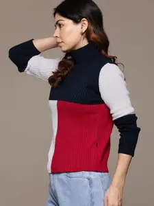 Roadster Colourblocked Turtle Neck Acrylic Pullover