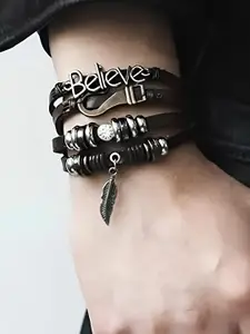 KARISHMA KREATIONS Men Leather Silver Plated Multistrand Bracelet