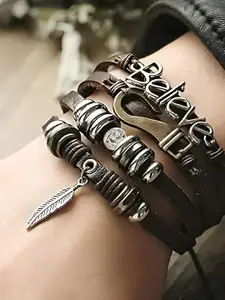 KARISHMA KREATIONS Men Leather Silver-Plated Multistrand Bracelet