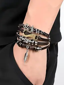 KARISHMA KREATIONS Men Leather Silver-Plated Multistrand Bracelet