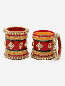 PANASH Set Of 2 Gold-Plated Red CZ & Pearl Studded Chura Bangle Set