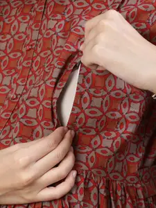 Nayo Rust Ethnic Motifs Printed Gathered Cotton Maternity Fit & Flare Midi Ethnic Dress