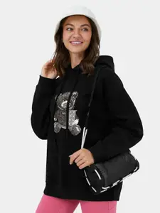 MISCHIEF MONKEY Graphic Print Hooded Long Sleeves Fleece Oversized Pullover Sweatshirt