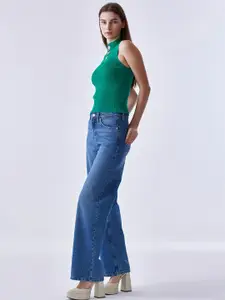 COVER STORY Green Ribbed Mock Collar Front Buttoned Sweater Vest