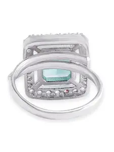 Rubans Rhodium-Plated Adjustable Finger Ring with Aquamarine Stone & Cubic Zirconia Halo
