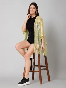 PURYS Floral Printed Tasselled Longline Shrug