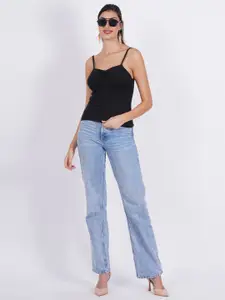 SIGHTBOMB Shoulder Strap Ruched Fitted Cotton Top