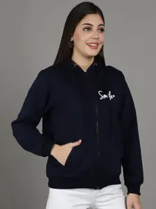 GRACIT Typography Printed Hooded Neck Long Sleeve Fleece Front-Open Sweatshirt