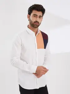 HE SPOKE Smart Tailored Fit Colourblocked Twill Spread Collar Cotton Casual Shirt