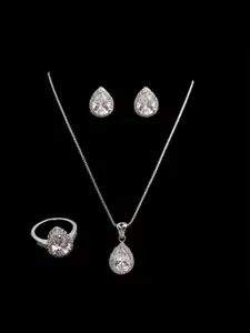 Mirana Silver -Plated Cubic Zirconia Studded Necklace & Earrings With Ring