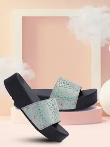 DressBerry Silver-Toned & Black Shimmered Open Toe Flatform Heels