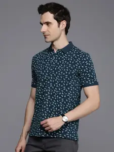 Louis Philippe Jeans Floral Printed Polo Collar Pure Cotton Slim Fit T-shirt