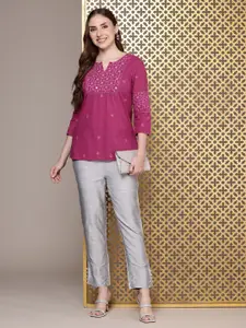 House of Pataudi Pure Cotton Ethnic Motifs Embroidered Mirror Work Jashn Short Kurti