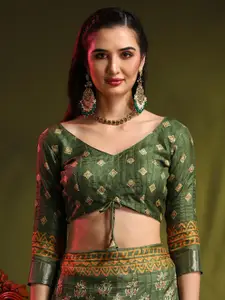 Anouk Olive Green Bagh Printed Zari Sungudi Saree