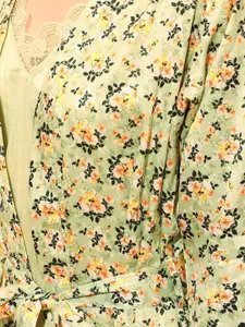 Clovia Green Striped Satin Maxi Nightdress & Robe