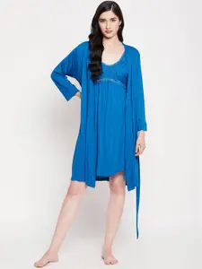 Clovia Blue Open-Front Cotton Robe