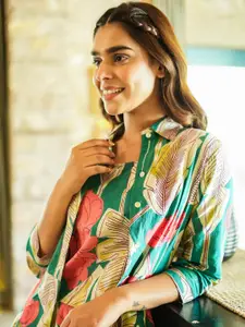 JISORA Floral Printed Pure Cotton Top With Palazzo & Shrug