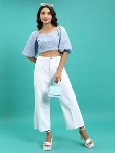 Tokyo Talkies Geometric Puff Sleeves Square Neck Crop Top