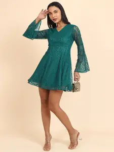 Tokyo Talkies Teal Green Self Design Lace Inserts Bell Sleeves Fit & Flare Mini Dress