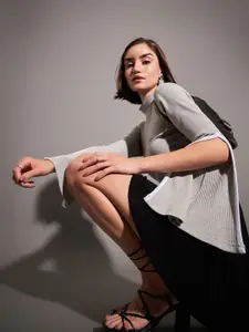 SASSAFRAS Grey Ribbed High Neck Bell Sleeves Regular Top