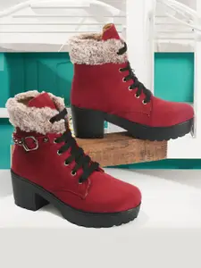 The Roadster Lifestyle Co. Women Maroon Mid-Top Platform Heel Winter Boots & Buckle Detail