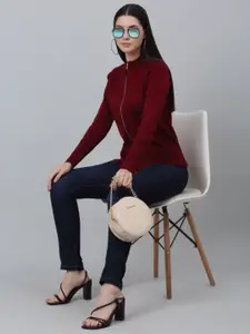 Cantabil Ribbed Mock Neck Acrylic Front-Open Sweater