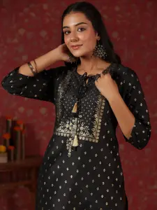 Ishin Black Ethnic Motifs Printed Tie Up Neck Kurta