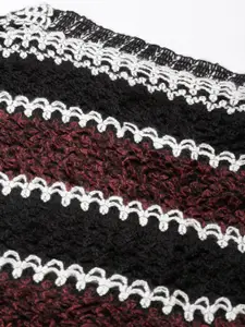 SHOWOFF Cable Knit V-Neck Three-Quarter Sleeves Fringed Detail Acrylic Poncho