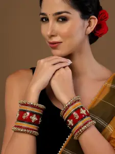 PANASH Set Of 38 Gold-Plated Red CZ & Pearl Studded Bangles Chuda Set