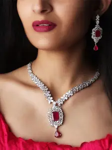 Mirana Elle Rhodium-Plated American Diamond Studded Necklace With Earrings