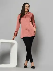 Chemistry Original Spread Collar Long Sleeves Satin Longline High-Low Casual Shirt