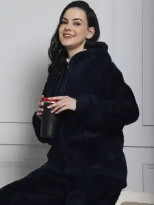 Secret Wish Women Faux Fur Hooded  Night suit