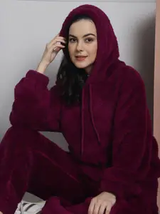 Secret Wish Women Faux Fur Hooded Night suit