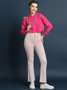 FOREVER 21 Typography Printed Hooded Cotton Crop Pullover Sweatshirt