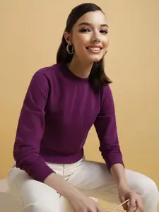 FOREVER 21 Round Neck Long Sleeve Crop Pullover Sweatshirt