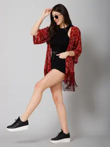 PURYS Floral Printed Tasselled Longline Shrug